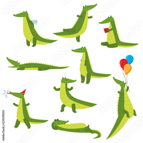 Set of fun green crocodiles occupying a pleasant pastime. Green alligator reads a book  flies on balloons  swims  dreams  eats and more.