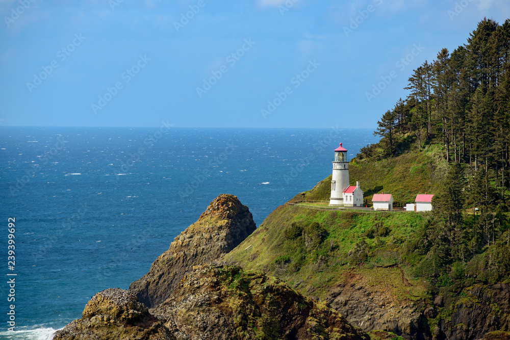 The Heceta Head Lighthouse overlooks the Pacific coast in Oregon, USA