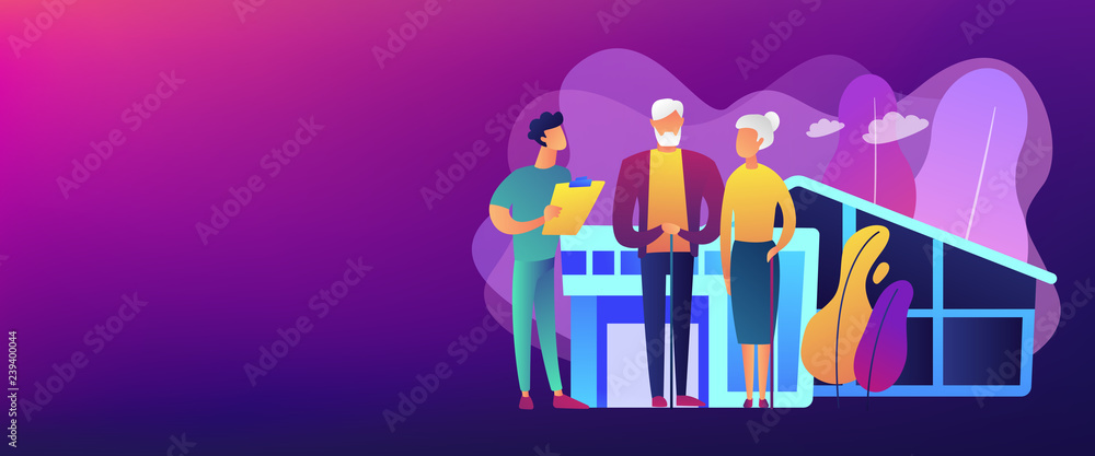 Skilled nurse and elderly people getting around-the-clock nursing care. Nursing home, nursing residential care, physical therapy service concept. Header or footer banner template with copy space. Skilled nurse and elderly people getting around-the-clock nursing care. Nursing home, nursing residential care, physical therapy service concept. Header or footer banner template with copy space.