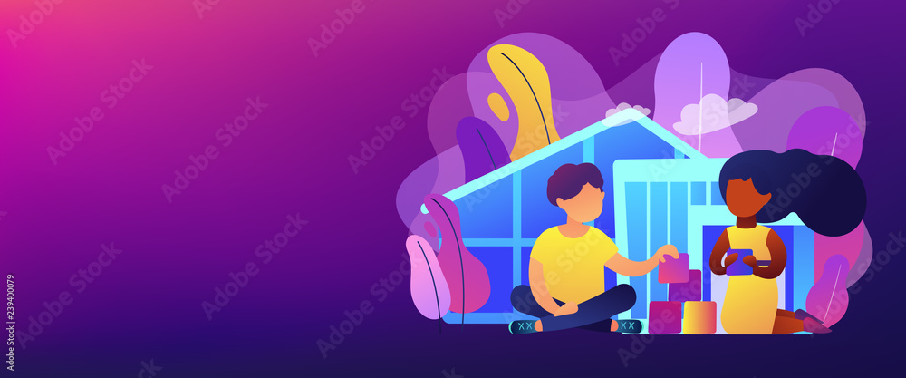 Children play in center giving information about treatment of ASD. Autism center, treatment of autism spectrum disorder, kids autism help concept. Header or footer banner template with copy space. Children play in center giving information about treatment of ASD. Autism center, treatment of autism spectrum disorder, kids autism help concept. Header or footer banner template with copy space.