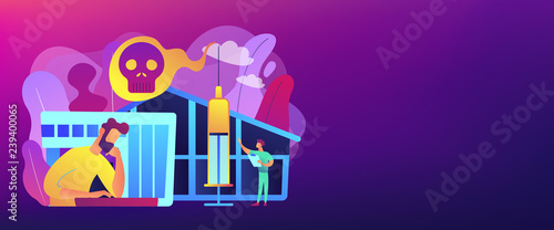 Patient getting medical treatment for dependency on psychoactive substances. Drug rehab center, experimental treatment, drug rehabilitation concept. Header or footer banner template with copy space.