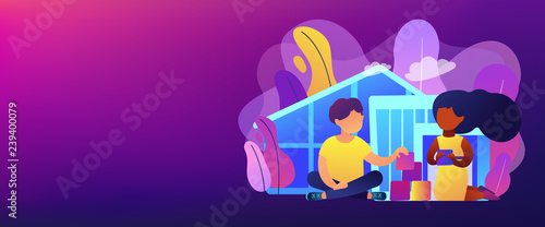 Children play in center giving information about treatment of ASD. Autism center, treatment of autism spectrum disorder, kids autism help concept. Header or footer banner template with copy space. © Visual Generation