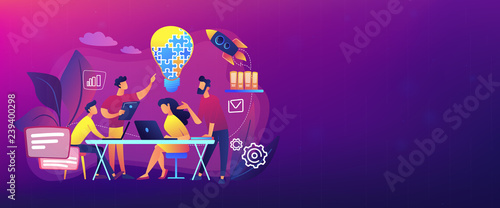 Business team brainstorm idea and lightbulb from jigsaw. Working team collaboration, enterprise cooperation, colleagues mutual assistance concept. Header or footer banner template with copy space.