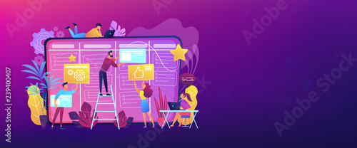 Team members moving cards on large kanban board. Teamwork, communication, interaction, business process, agile project management concept, violet palette. Header or footer banner template.