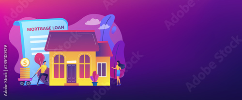 Borrower making mortgage payment for real estate and mortgage loan agreement. Mortgage loan, home bank credit, real estate services concept. Header or footer banner template with copy space.