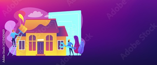 Workers with paintbrush and wrench improving the house. House renovation, property renovation, house remodeling and onstruction services concept. Header or footer banner template with copy space.