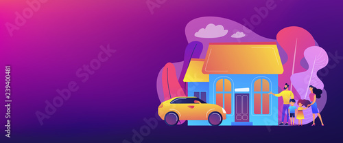 Happy parents with children and detached house. Single-family detached home, family house, detached residence and single dwelling unit concept. Header or footer banner template with copy space.