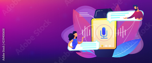 Users translating speech with smartwatch. Digital translator, portable translator, electronic language translator concept on white background. Header or footer banner template with copy space.