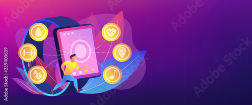 Runner uses smartwatch sport and health apps. Fitness tracker, activity band, health monitor and wrist-worn device concept on white background. Header or footer banner template with copy space.