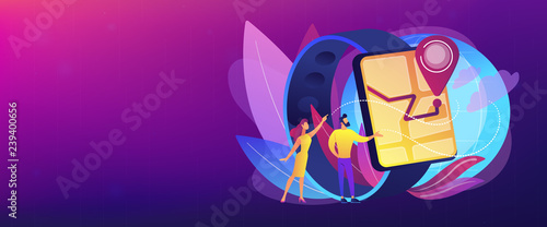 Users looking at smartwatch with GPS navigation pin. Smartwatch navigation, outdoor GPS watch and smart GPS tracker concept on white background. Header or footer banner template with copy space.