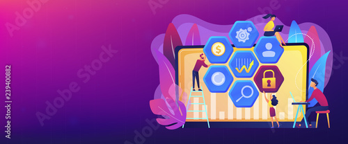 Cyber security risk analysts team reduce risks. Cyber security management, cyber security risk, management strategy concept on white background. Header or footer banner template with copy space.