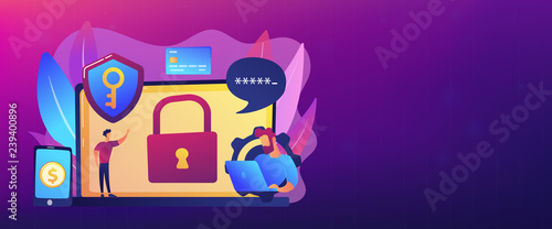 Developers work on cyber security program. Cyber security software, information security program and antivirus concept on white background. Header or footer banner template with copy space.