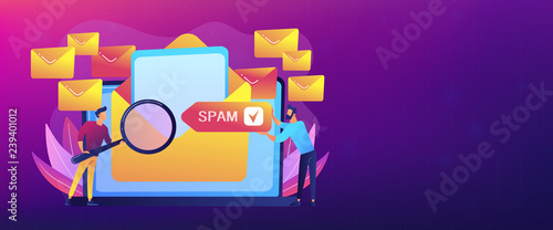 Businessmen get advertising, phishing, spreading malware irrelevant unsolicited spam message. Spam, unsolicited messages, malware spreading concept. Header or footer banner template with copy space.