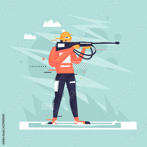 Biathlon, athlete shoots, winter, sport. Flat vector illustration in cartoon style.
