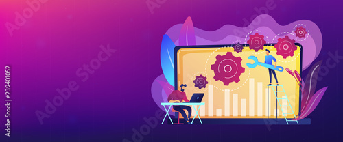 Technical support guys working on repairing a computer hardware and software. Troubleshooting, fixing problems, problem checking concept. Header or footer banner template with copy space.