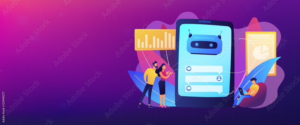 Customers chat with chatbot on smartphone screen with speech bubbles. Customer service chatbot, e-commerce chatbot, self-service experience concept. Header or footer banner template with copy space. Customers chat with chatbot on smartphone screen with speech bubbles. Customer service chatbot, e-commerce chatbot, self-service experience concept. Header or footer banner template with copy space.