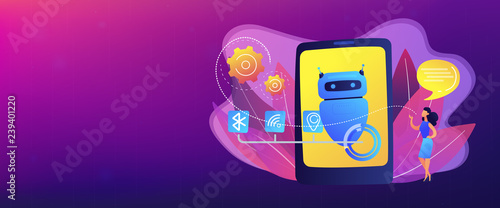 Business woman chatting with messages to chatbot application. Chatbot virtual assistant, smartphone assistant app, message chatbot concept. Header or footer banner template with copy space.