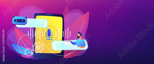 Businessman communicates with chatbot with voice commands. Voice controlled chatbot, talking virtual assistant, smartphone voice application concept. Header or footer banner template with copy space.
