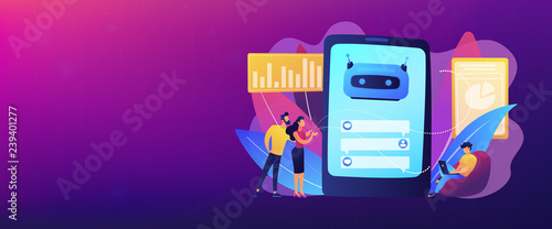 Customers chat with chatbot on smartphone screen with speech bubbles. Customer service chatbot, e-commerce chatbot, self-service experience concept. Header or footer banner template with copy space.