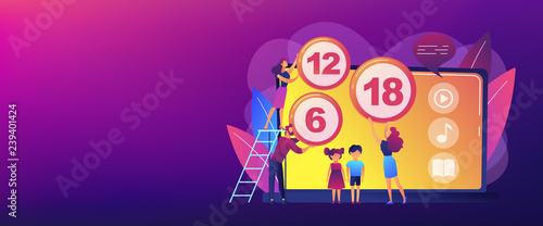 Adults rating content for children with age restriction signs. Content rating system, age limitation content, censorship classification concept. Header or footer banner template with copy space.