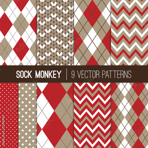 Sock Monkey Inspired Vector Patterns in Taupe Gray, Brown and Red Argyle, Chevron, Polka Dots and Knitted Prints. Repeating Pattern Tile Swatches Included.