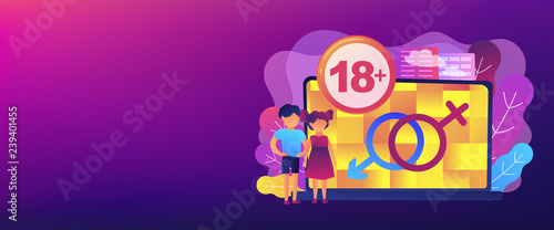 Children at laptop with adult content restriction for inappropriate video. Adult content  sexual content notification  18 age restriction concept. Header or footer banner template with copy space.