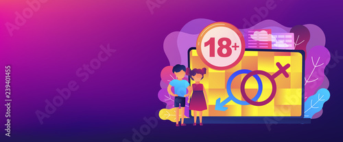 Children at laptop with adult content restriction for inappropriate video. Adult content, sexual content notification, 18 age restriction concept. Header or footer banner template with copy space.