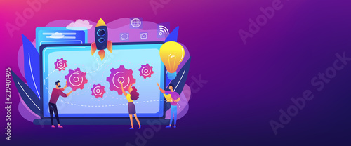 Startup team receive mentoring and training to accelerate growth and laptop. Startup accelerator, seed accelerator, startup mentoring concept. Header or footer banner template with copy space.
