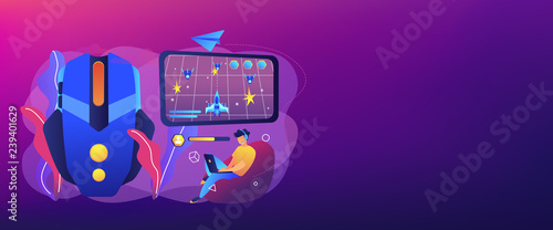 Gamer with laptop overcomes challenges in space video game and gaming mouse. Action games, first-person shooter, action games championship concept. Header or footer banner template with copy space.