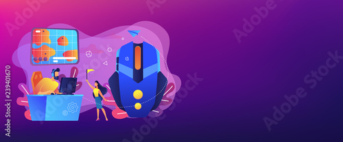 Gamer at computer using tactics to play online strategy game. Strategy online games, real-time strategy, multiplayer strategic warfare concept. Header or footer banner template with copy space.