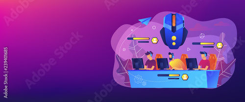 Team of gamers controlling game characrers in online battle. Multiplayer online battle arena, MOBA ARTS game, action real-time strategy concept. Header or footer banner template with copy space.