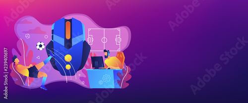 Gamer with headset at computer taking part in online footbal tournament. Sports games, online footbal tournament, e-game championship concept. Header or footer banner template with copy space.