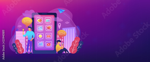 Men near huge smartphone with application icons on the screen checking social media and news feeds. Social media and news tips landing page. Header or footer banner template.