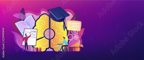 Brain with magnifier, academic cap and user learning. Education and learning style landing page. Learning and brain process, memory and knowledge. Header or footer banner template.
