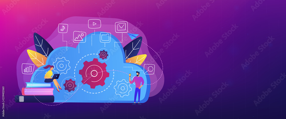 Developers using laptop and smartphone working with cloud data. Multimedia and big data architecture, database, cloud computing, cloud platform concept, violet palette. Header, footer banner template.