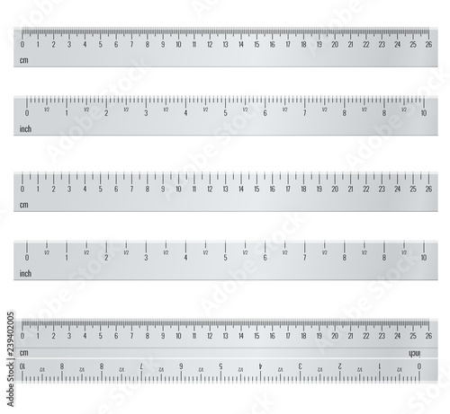 Inch and metric rulers. Centimeters and inches measuring scale cm metrics indicator. Ruler 10 inch and grid 26 cm. Size indicator units. Metric Centimeter size indicators.