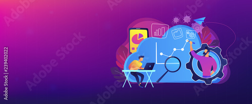 Developers drawing chart, monitoring applications. Computing resourses, operaing data and services, cloud technology organization and management concept, violet palette. Header, footer banner template