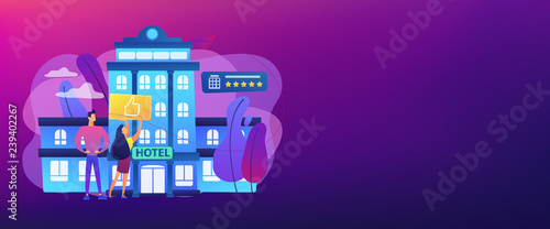 Business people with thumb up for modern trendy lifestyle hotel. Lifestyle hotel, modern hospitality trend, cutting-edge hotel concept. Header or footer banner template with copy space.