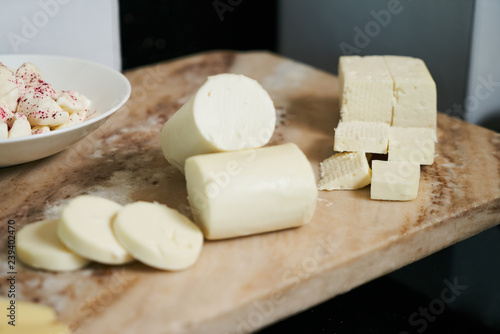 Various types of cheese on Hotel restaurant table. Buffet cateri photo