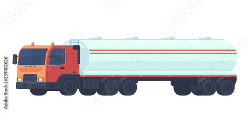 Tank truck transportation, oil, gasoline to gas stations, water and liquid substances. Semitrailer with a reservoir for fluid. Vector flat illustration.
