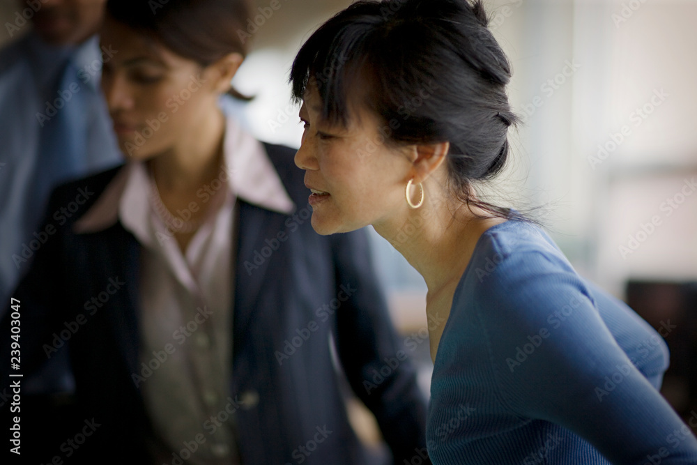 Mid-adult business woman standing with colleagues in an office. Mid-adult business woman standing with colleagues in an office.
