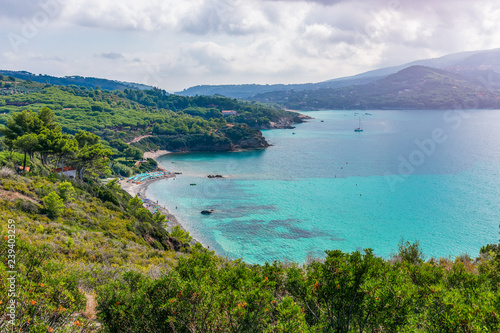 Beautiful panoramic view over beach of Elba island and the sea with emerald water. Tuscany, Italy
