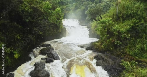 Aerial shot following river upstream to waterfall photo