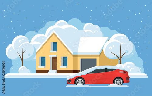 Flat panorama small house under the snow and car, snowdrifts. City under snow, Winter city concept. Vector illustration christmas holidays winter