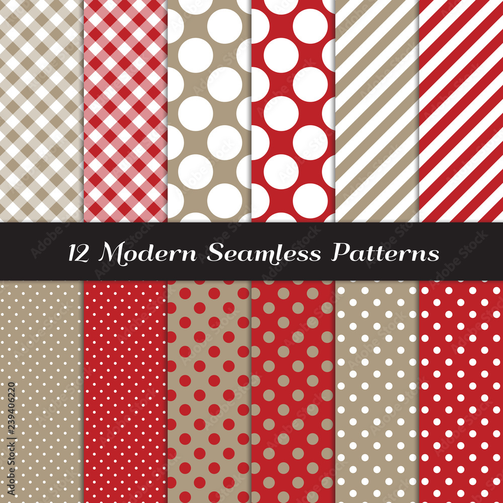 Taupe and Red Polka Dots, Gingham and Stripes Seamless Vector Patterns. Sock Monkey Style Backgrounds. Repeating Pattern Tile Swatches Included. Taupe and Red Polka Dots, Gingham and Stripes Seamless Vector Patterns. Sock Monkey Style Backgrounds. Repeating Pattern Tile Swatches Included.