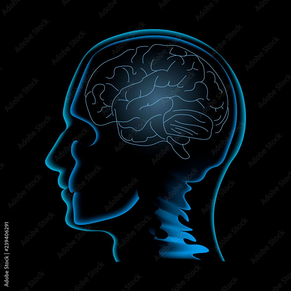 Obraz premium Neuroscience vector illustration. Image of the human profile with skull and brain inside it isolated on the black backgrond