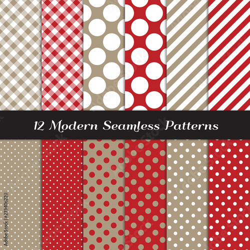 Taupe and Red Polka Dots, Gingham and Stripes Seamless Vector Patterns. Sock Monkey Style Backgrounds. Repeating Pattern Tile Swatches Included. photo