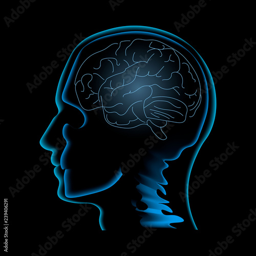 Neuroscience vector illustration. Image of the human profile with skull and brain inside it isolated on the black backgrond