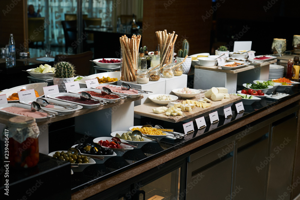 Catering buffet food in hotel restaurant, closeup. Celebration foto de