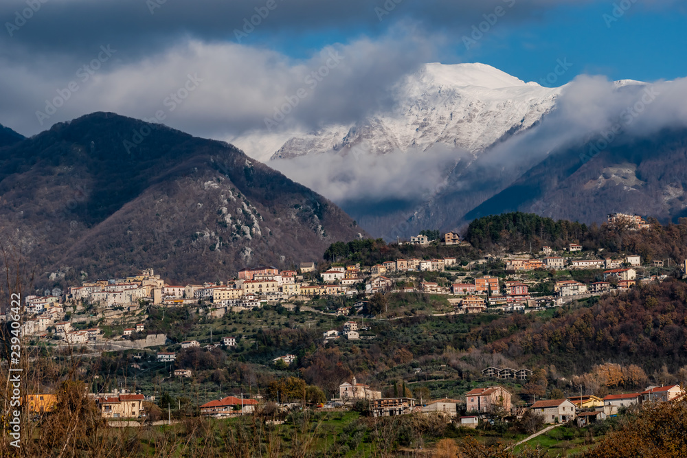 Italian village of Picinisco under Marsicani mountain range